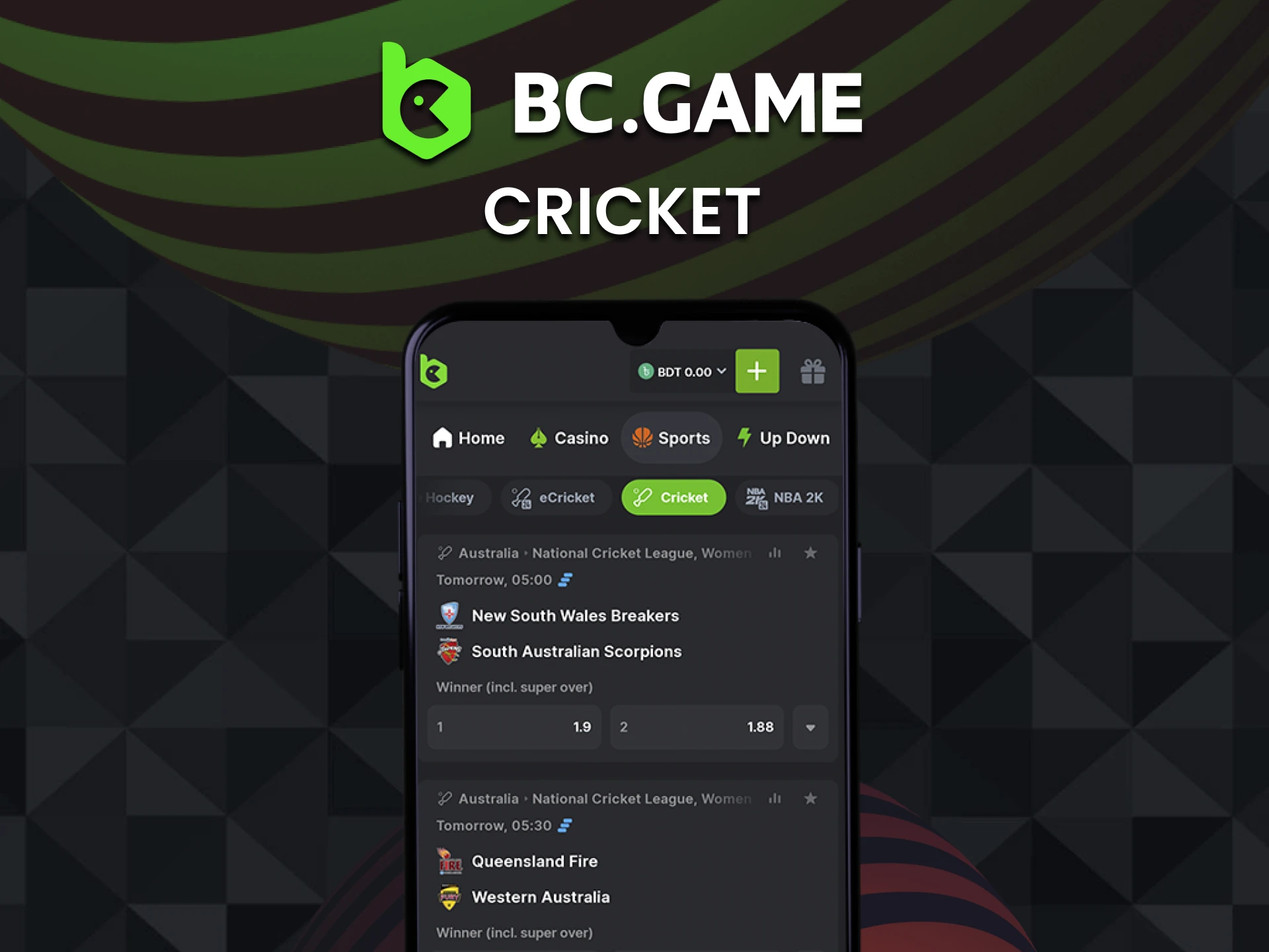 When betting in the BC Game app, choose cricket.