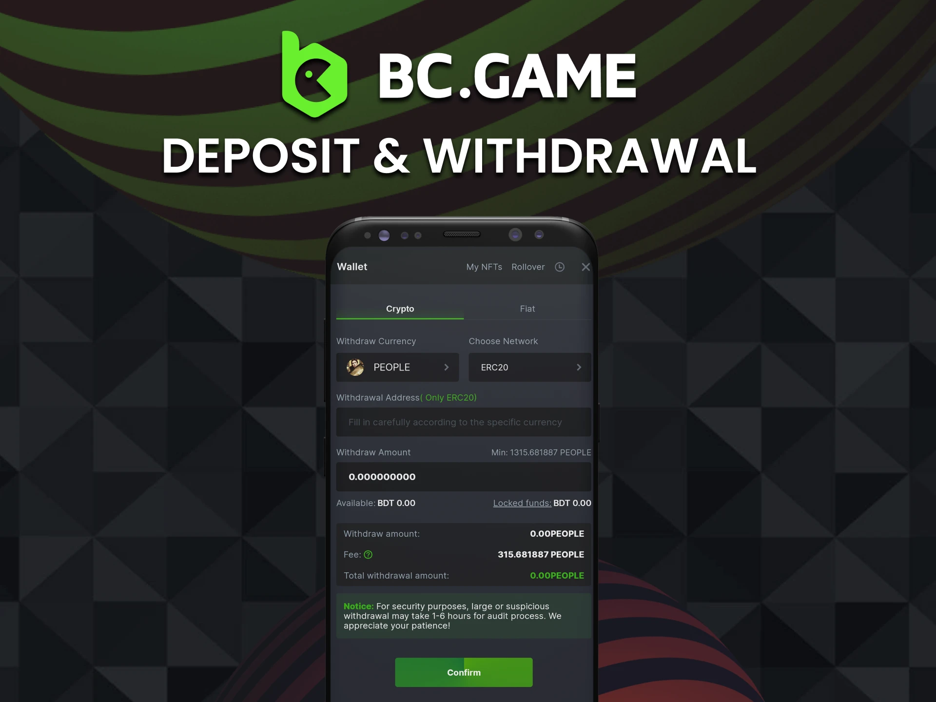 You can deposit and withdraw funds directly in the BC Game app.