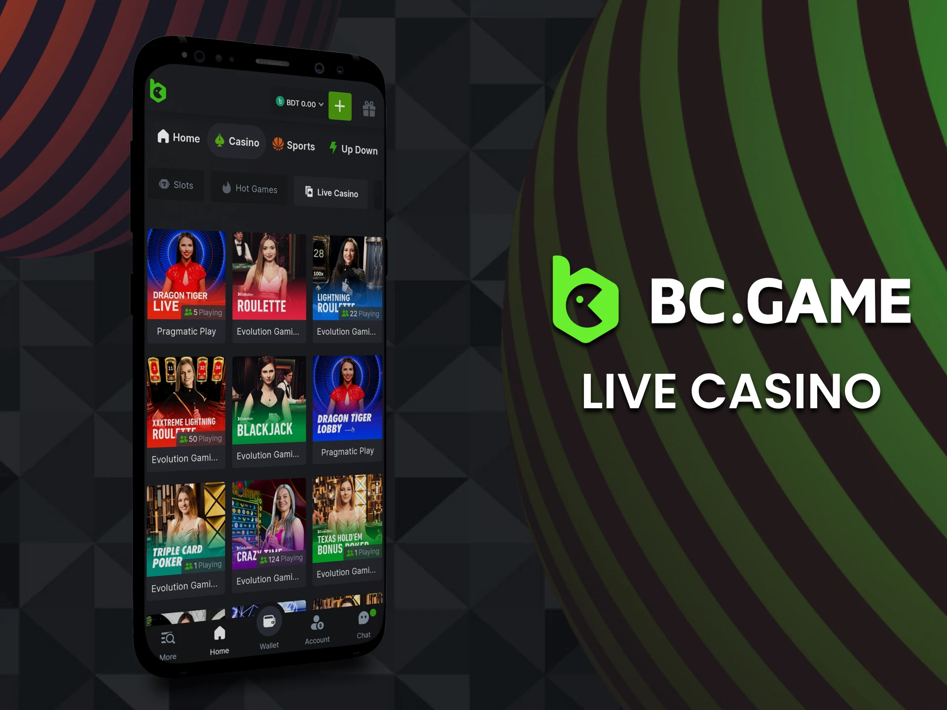 Play your favourite live casino games with real dealers in the BC Game app.