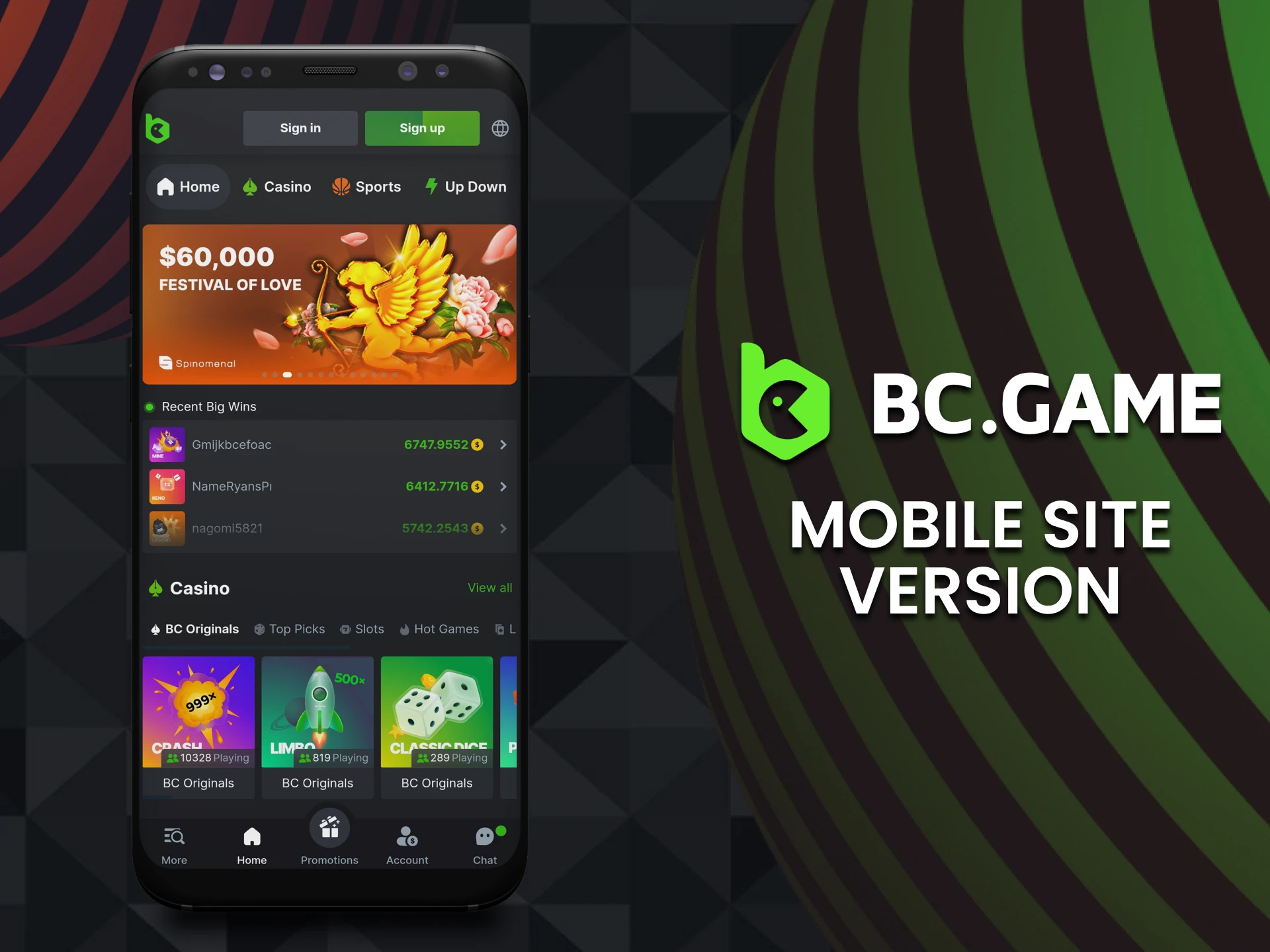 Mobile website version offers the same features as the BC Game app.