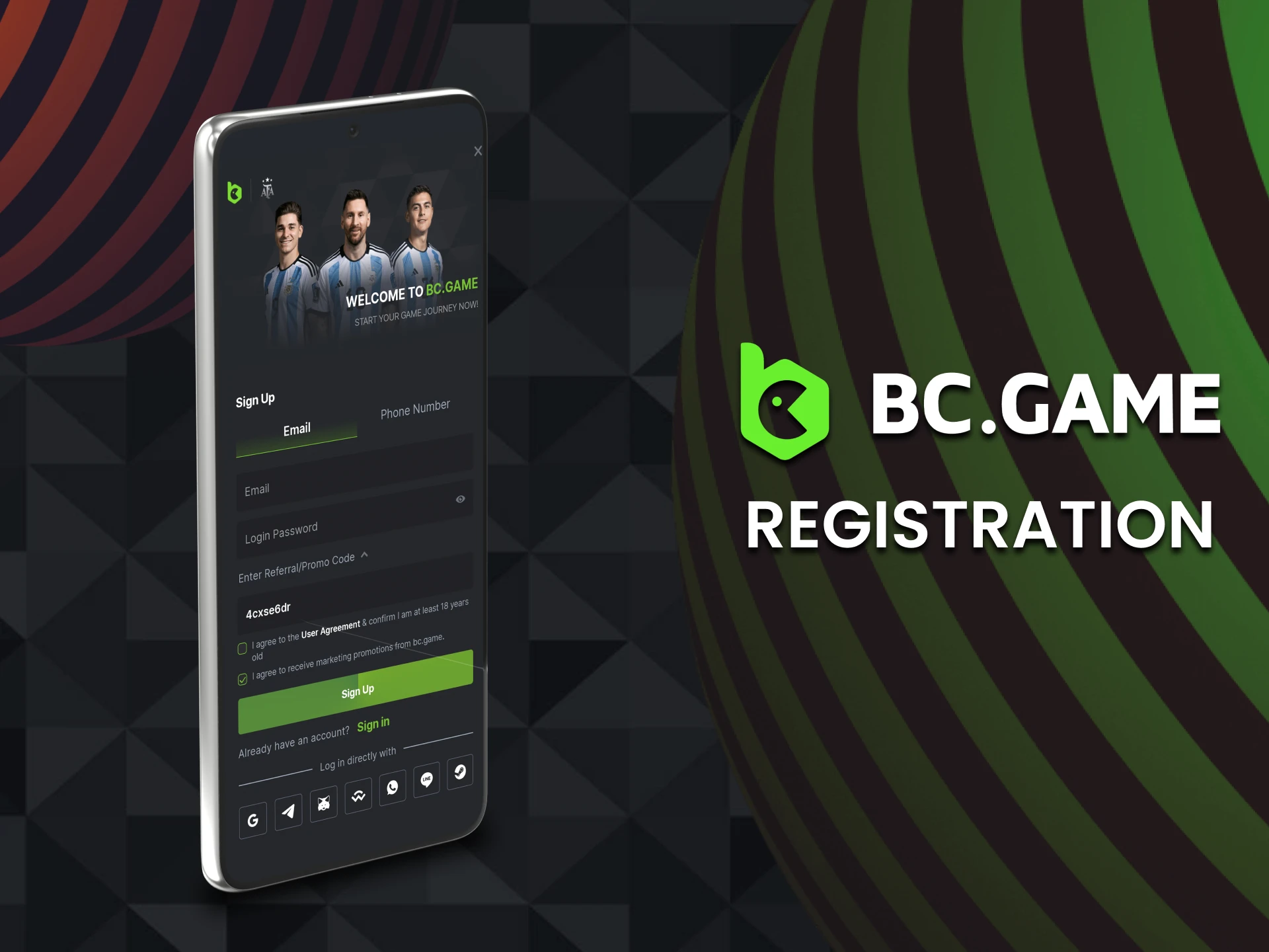 You can create an account via the BC Game app.
