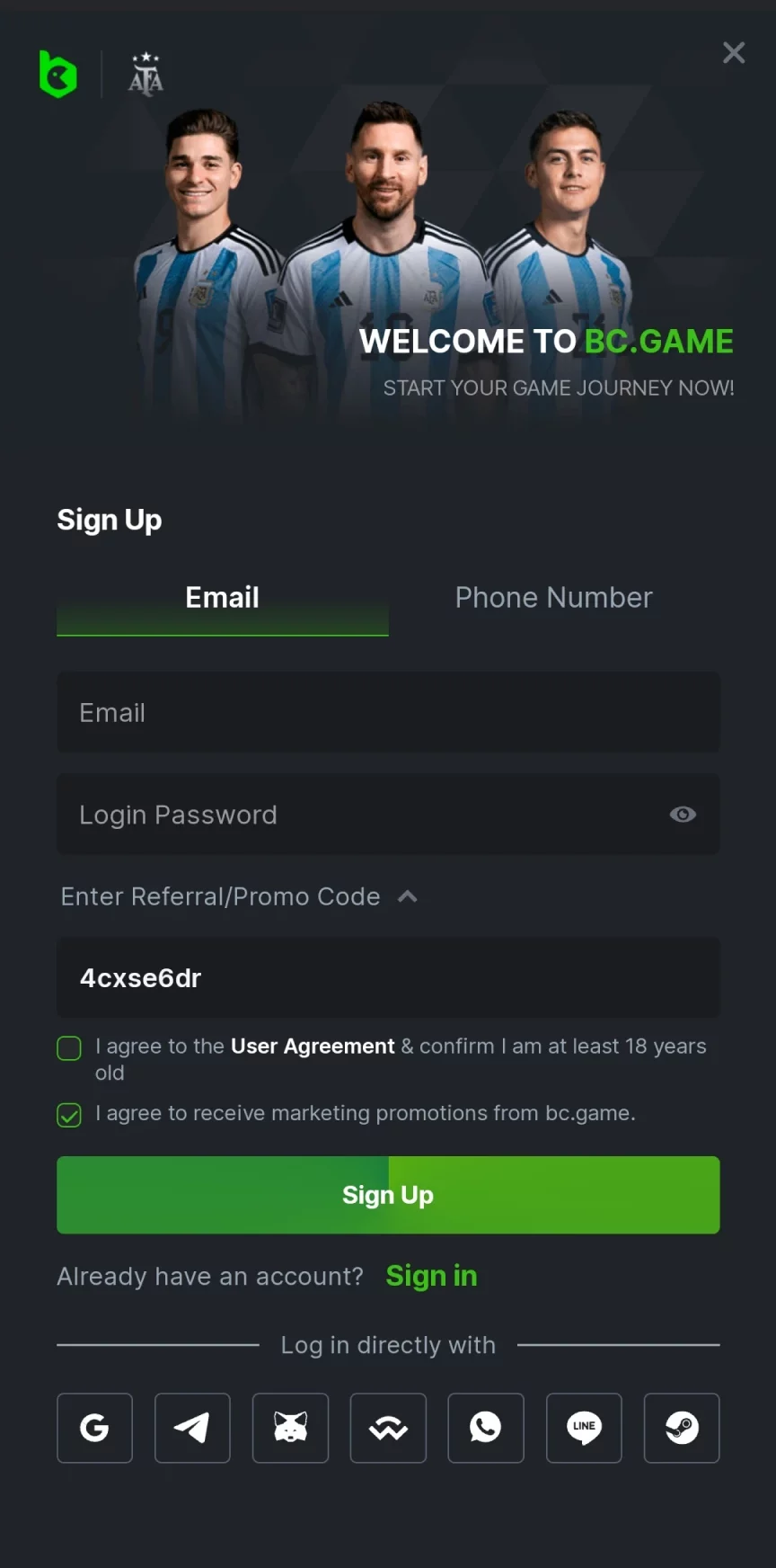 BC Game অ্যাপ রেজিস্ট্রেশন পৃষ্ঠাটি দেখুন।