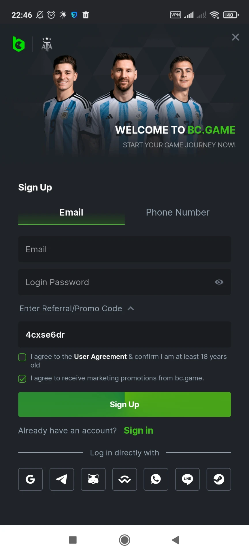 Visit the BC Game app registration page.