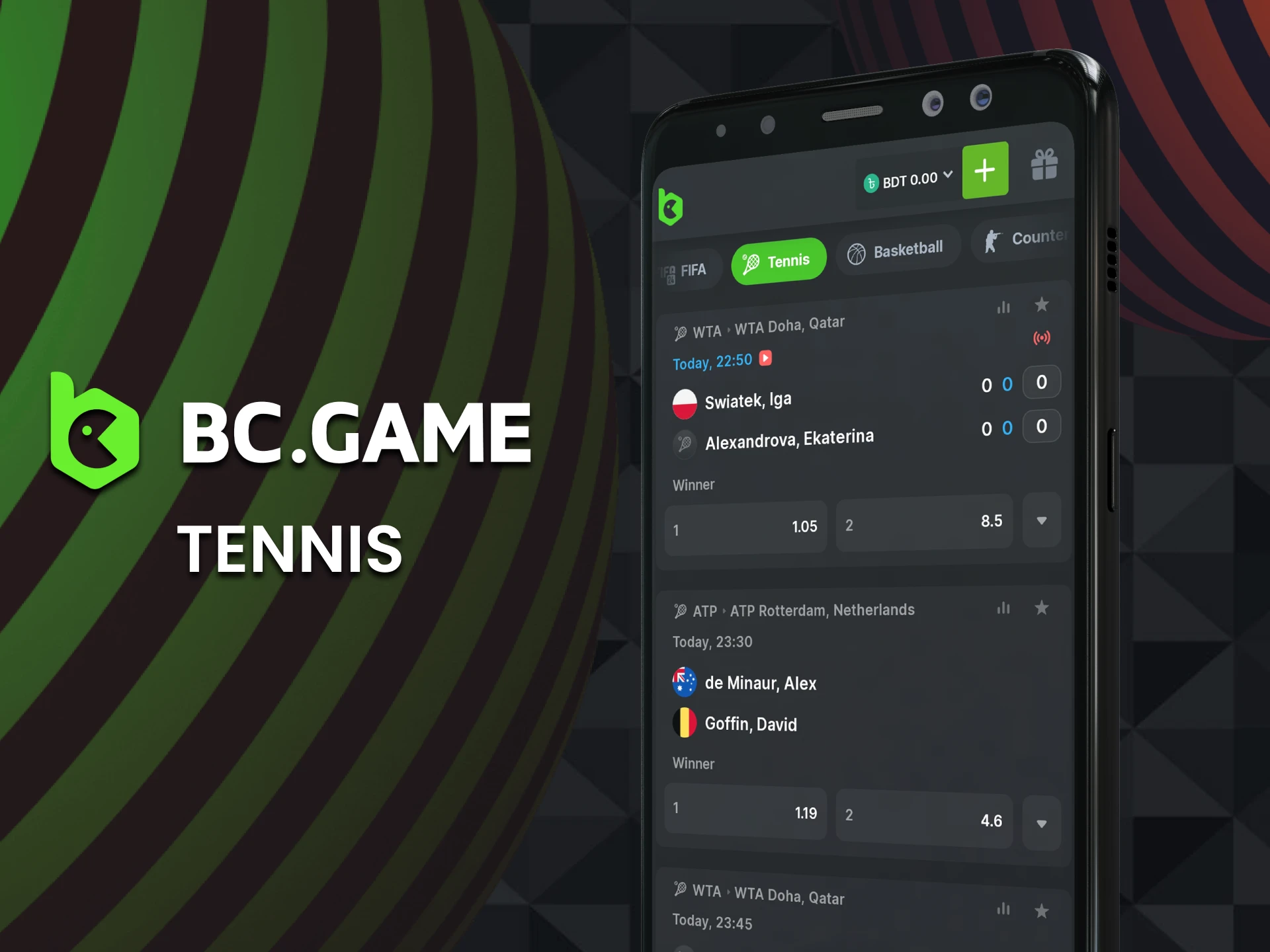 Place your bets on tennis in the BC Game app.