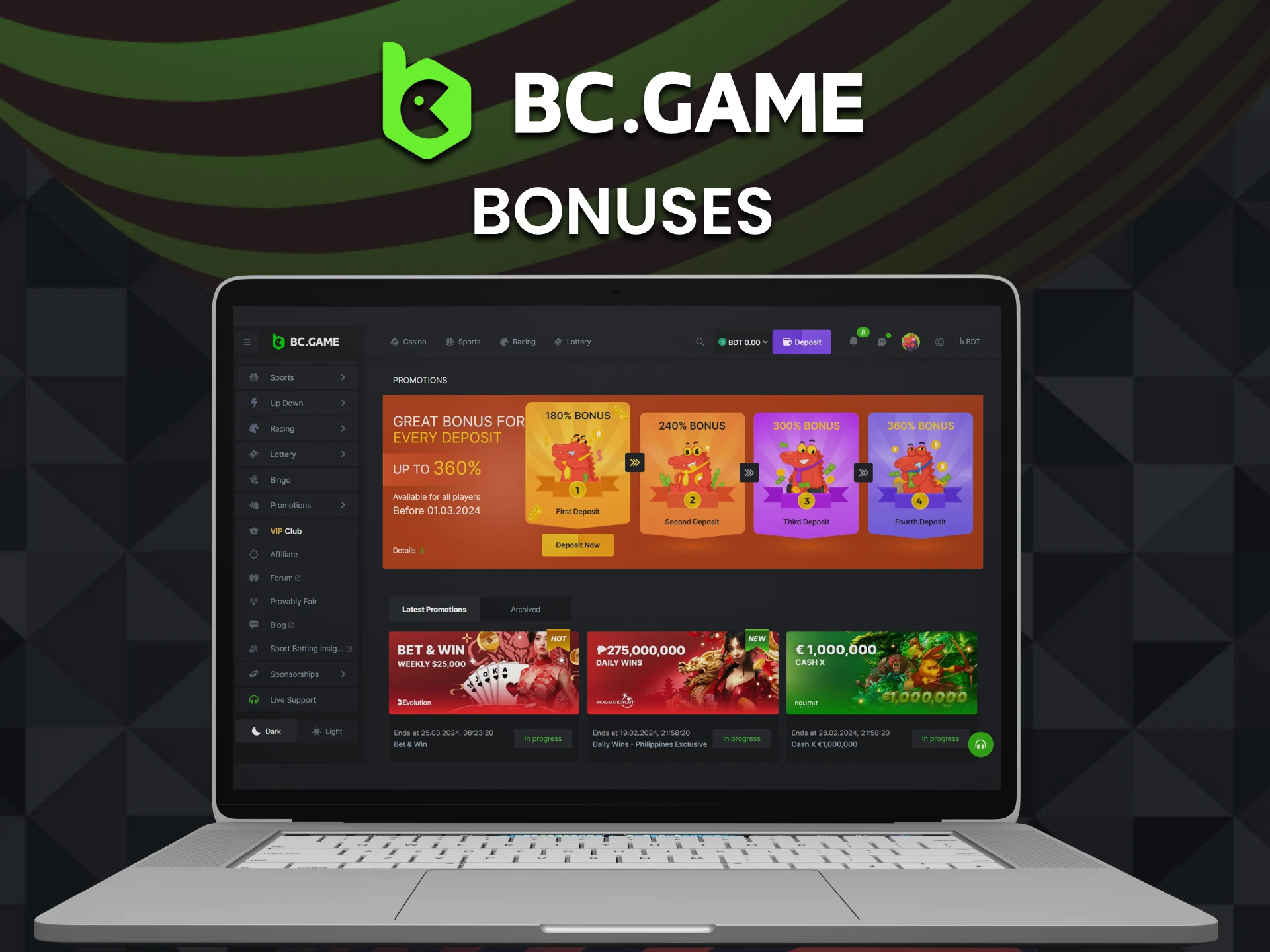 BC Game offers bonuses for new and existing players.