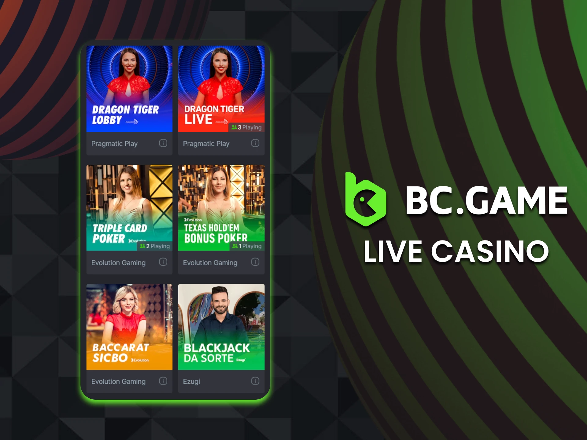 Play with real dealers at BC Game Live Casino section.
