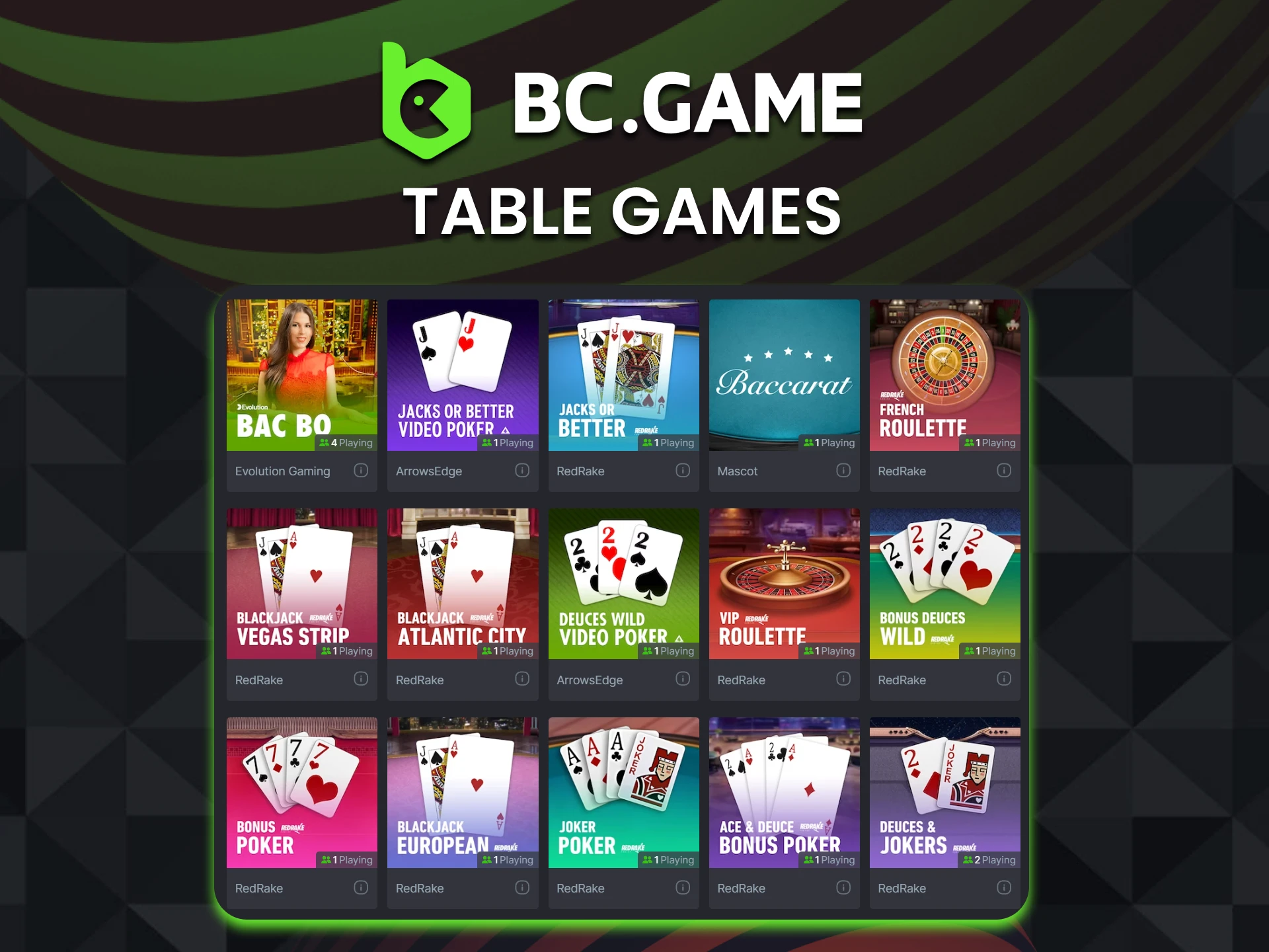 BC Game online casino offers over 350 varieties of Table games.
