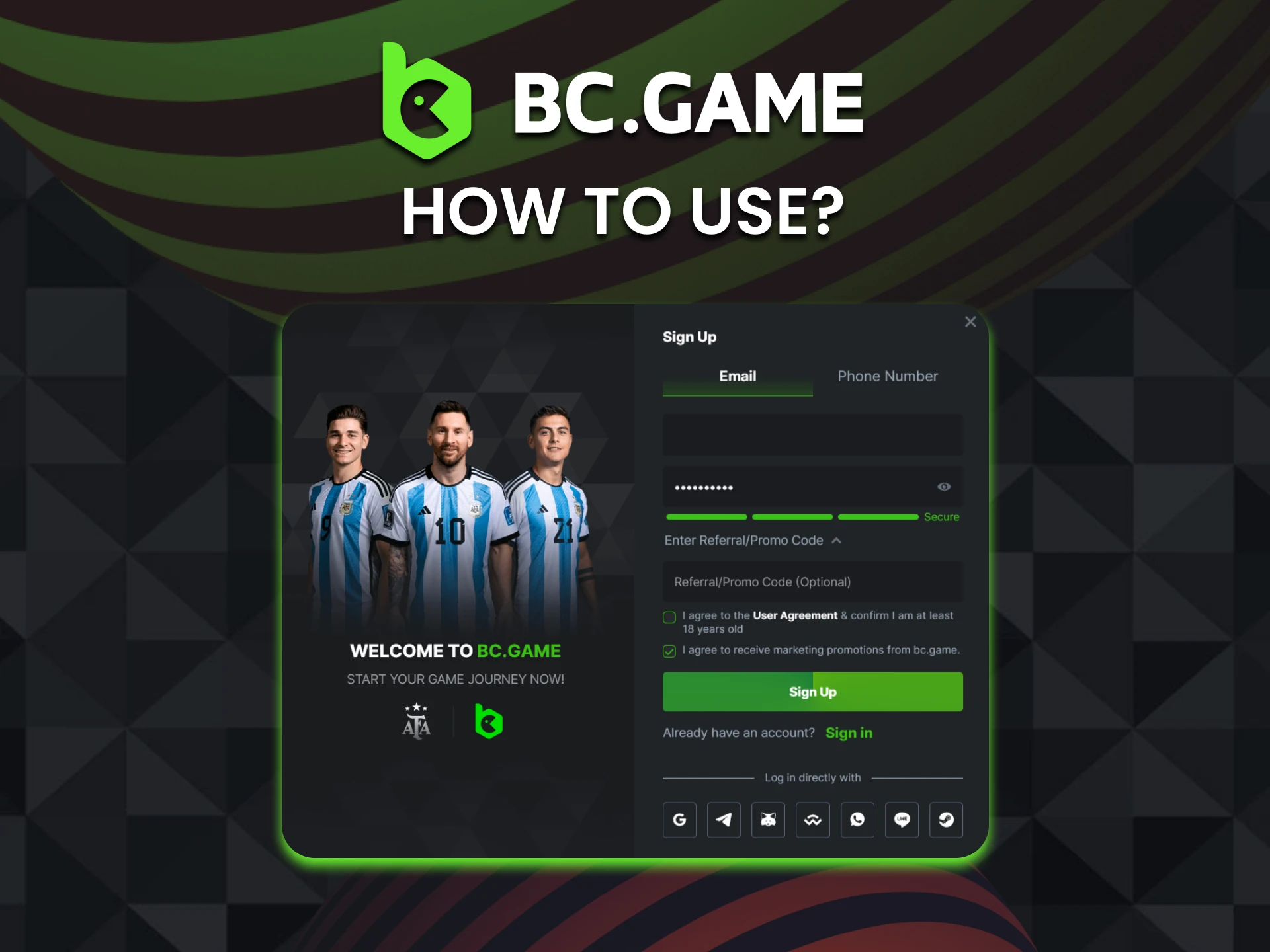 Enter the BC Game bonus code in the appropriate field when registering an account.