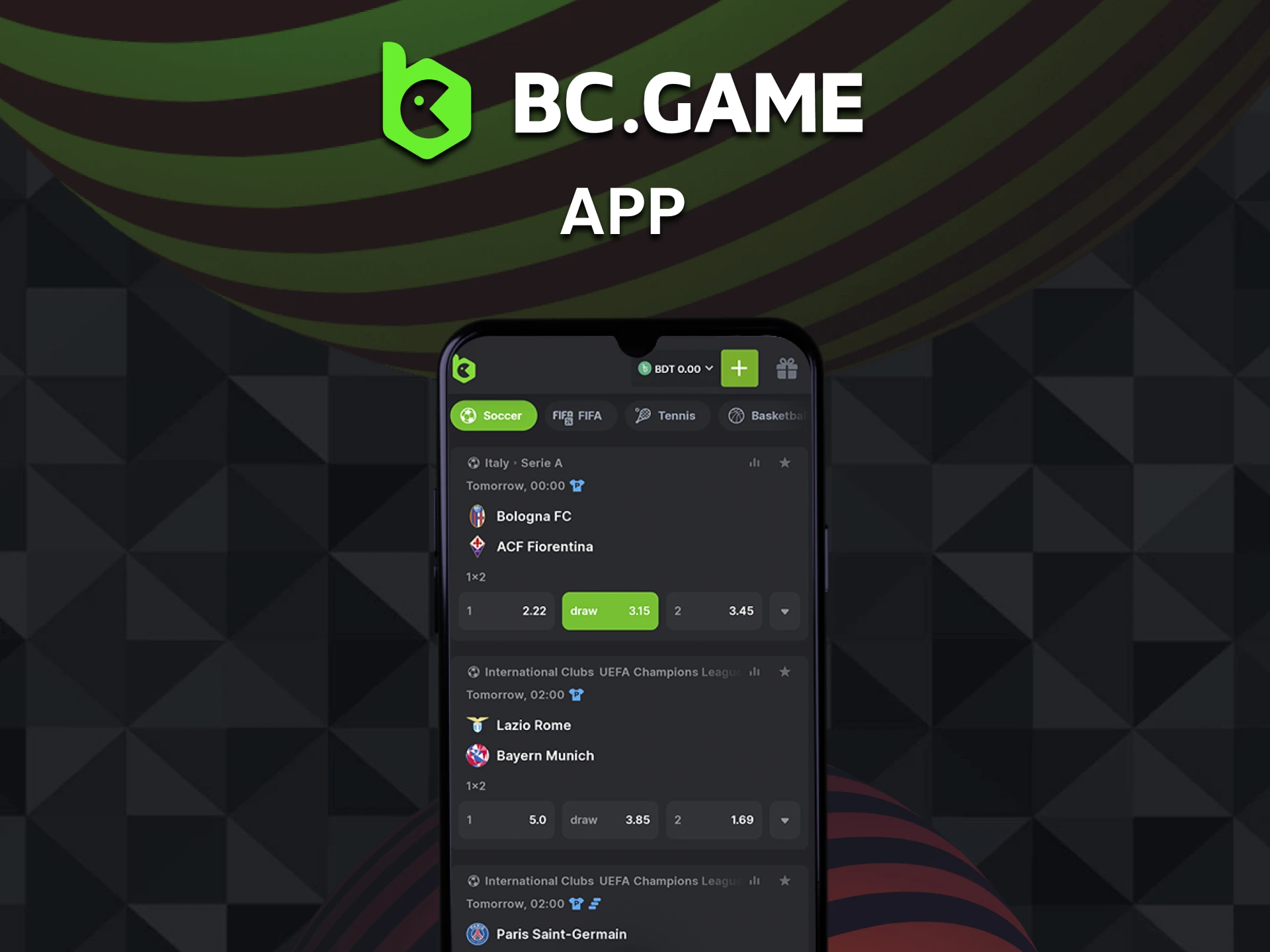 You can place bets on football through the BC Game app for Android and iOS.