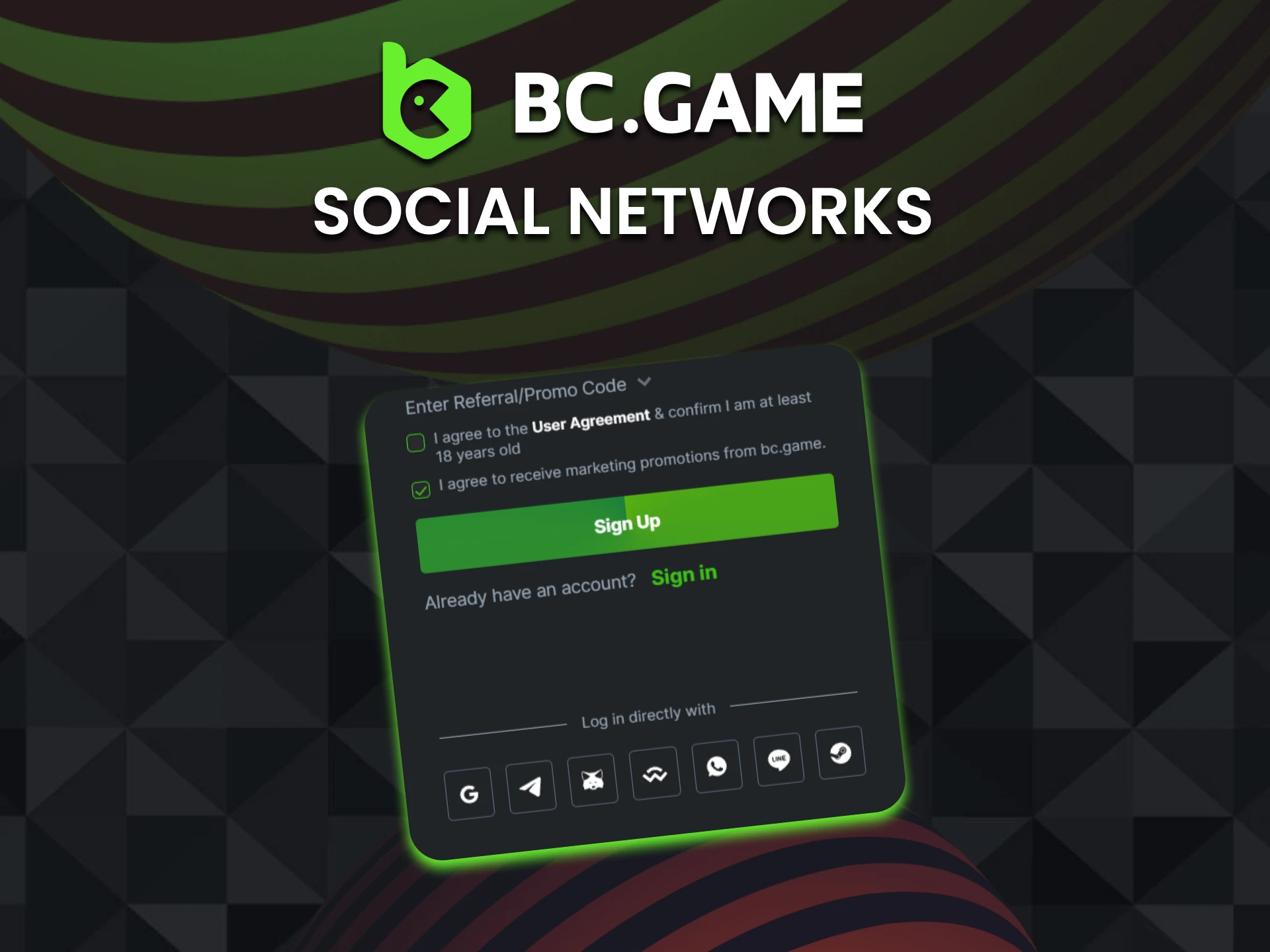 You can log into your BC Game account through social networks.
