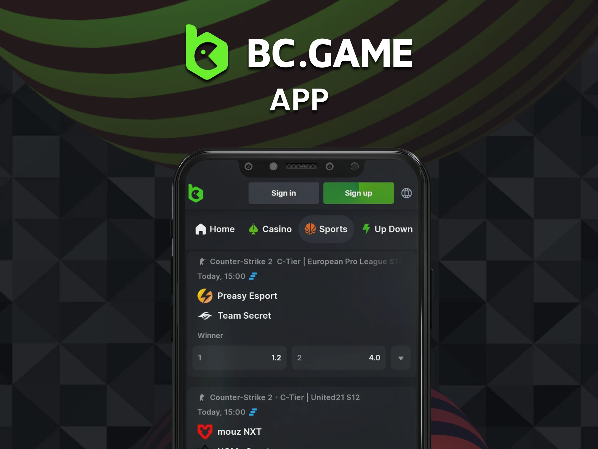 Bet on eSports through the BC Game app for Android and iOS.