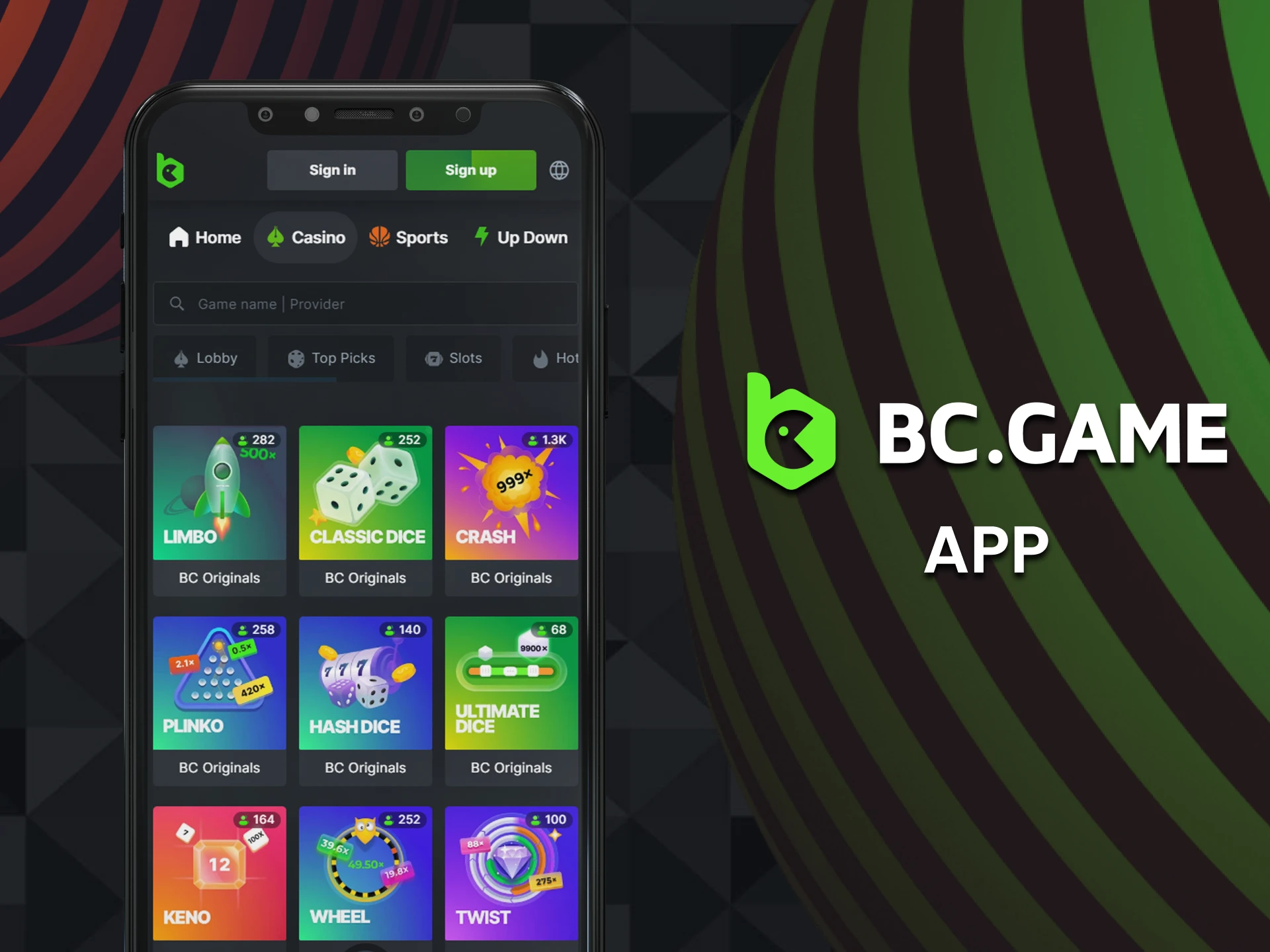 Use your smartphone to play Originals on BC Game via app for Android and iOS.