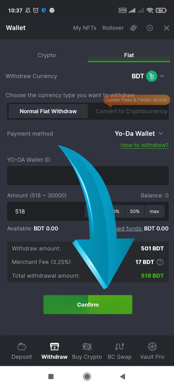 Confirm the withdrawal of funds from the BC Game website.