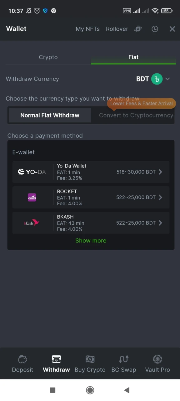 Select the desired payment system to withdraw funds to BC Game.