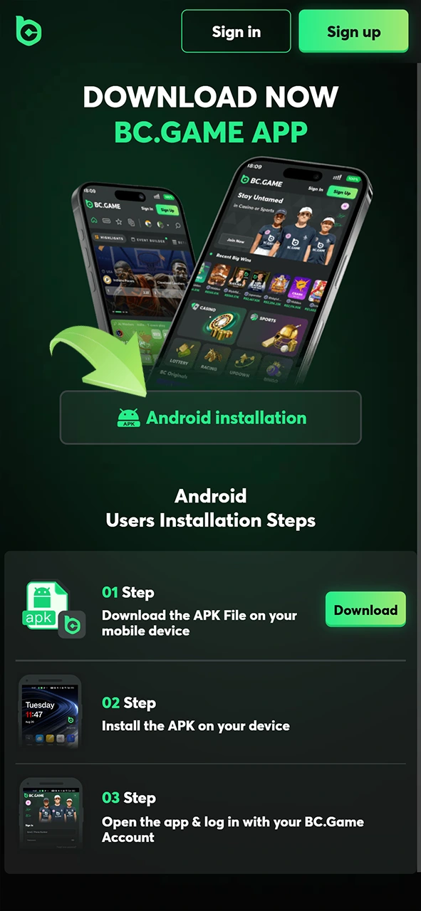 বোতামে ক্লিক করে BC Game অ্যাপটি ডাউনলোড করা শুরু করুন।