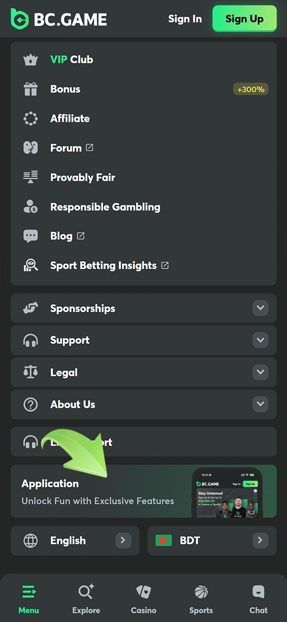 BC Game ওয়েবসাইটে অ্যাপ্লিকেশন বিভাগটি খুঁজুন।