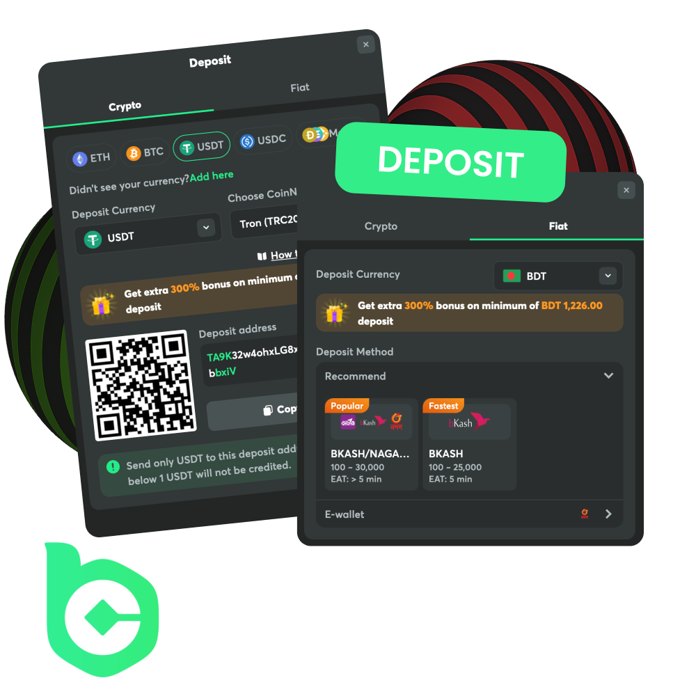 BC Game offers a variety of popular deposit methods for Bangladeshi bettors.