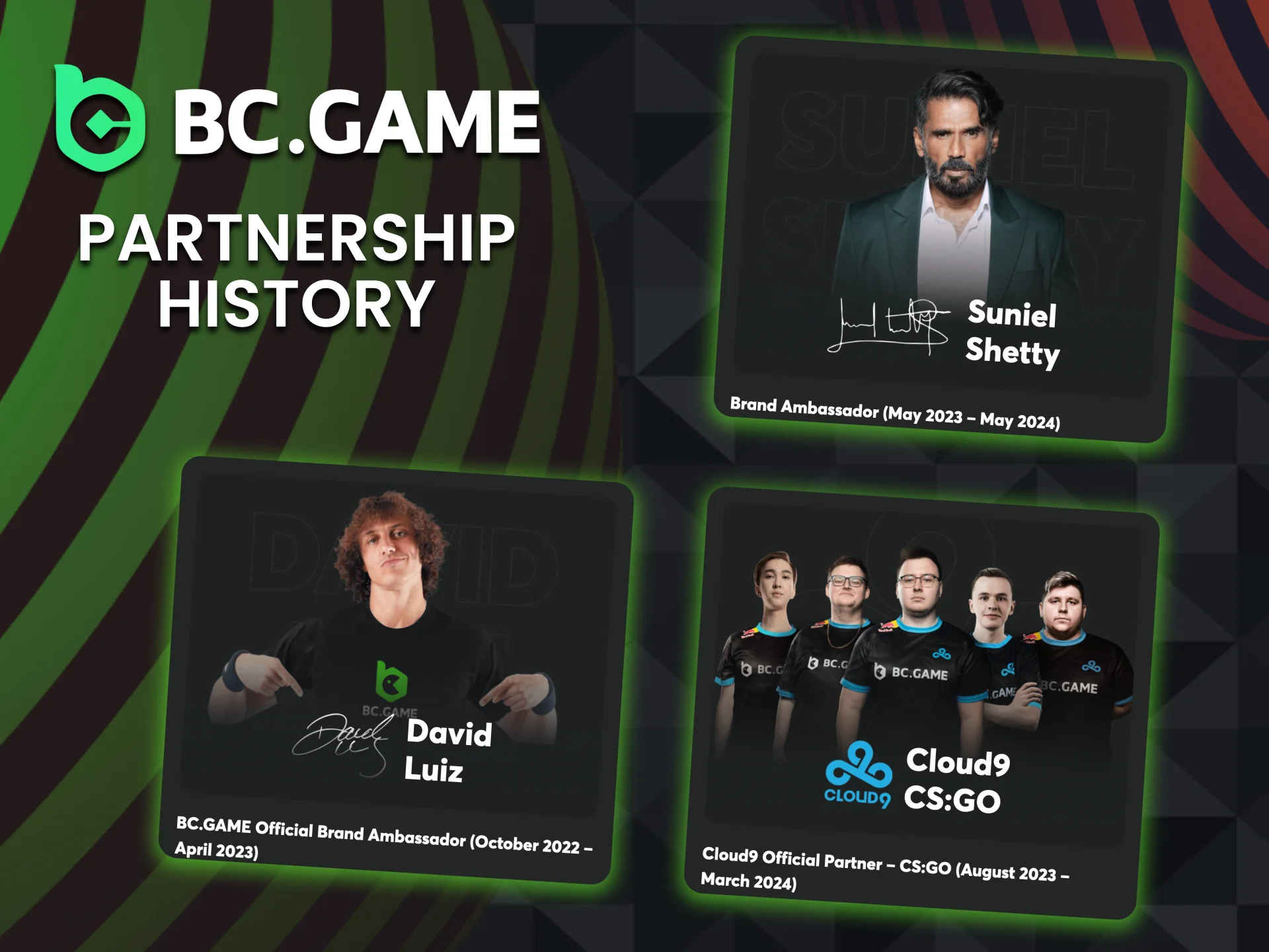 Discover past collaborations of BC Game with Cloud9, David Luiz, and Suniel Shetty.